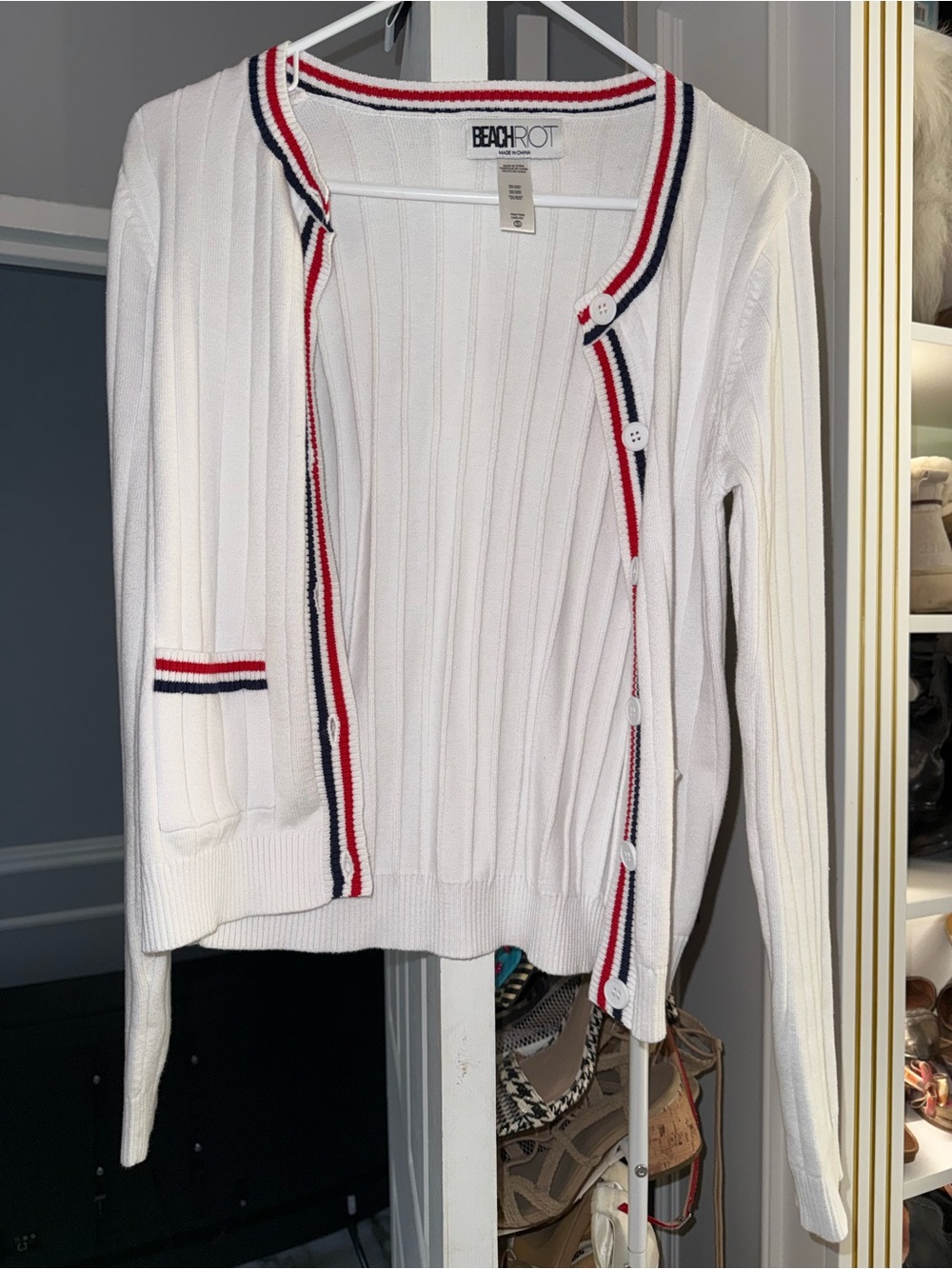 Beach Riot White Ribbed Cardigan with Red & Navy Trim